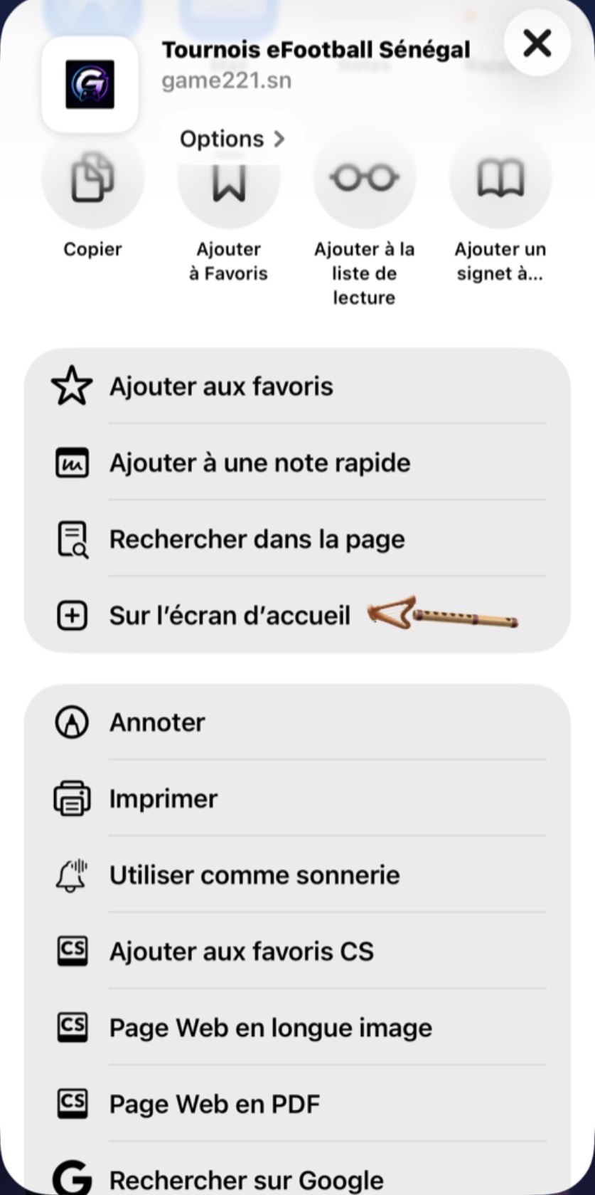 Feuille de partage iOS avec « Sur l'écran d'accueil »