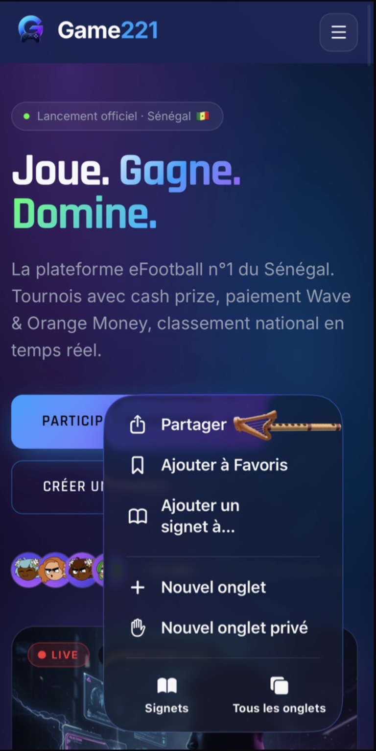 Menu Safari avec l'option Partager mise en évidence